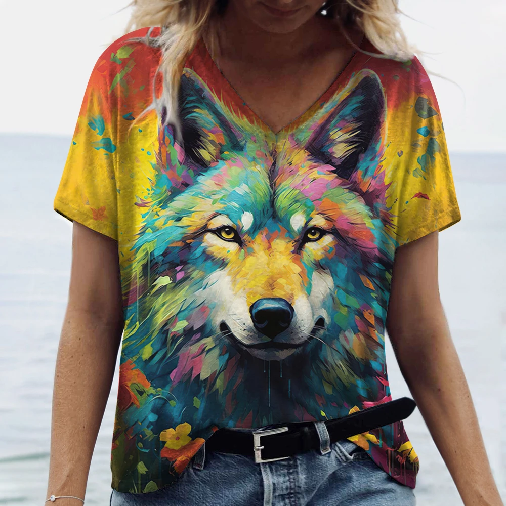 Camiseta con cuello en V para mujer, en 3d camisa con estampado de animales, camisetas divertidas de verano para mujer, ropa informal de gran tamaño