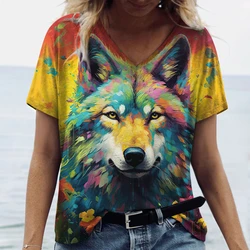 Camiseta con cuello en V para mujer, en 3d camisa con estampado de animales, camisetas divertidas de verano para mujer, ropa informal de gran tamaño Harajuku