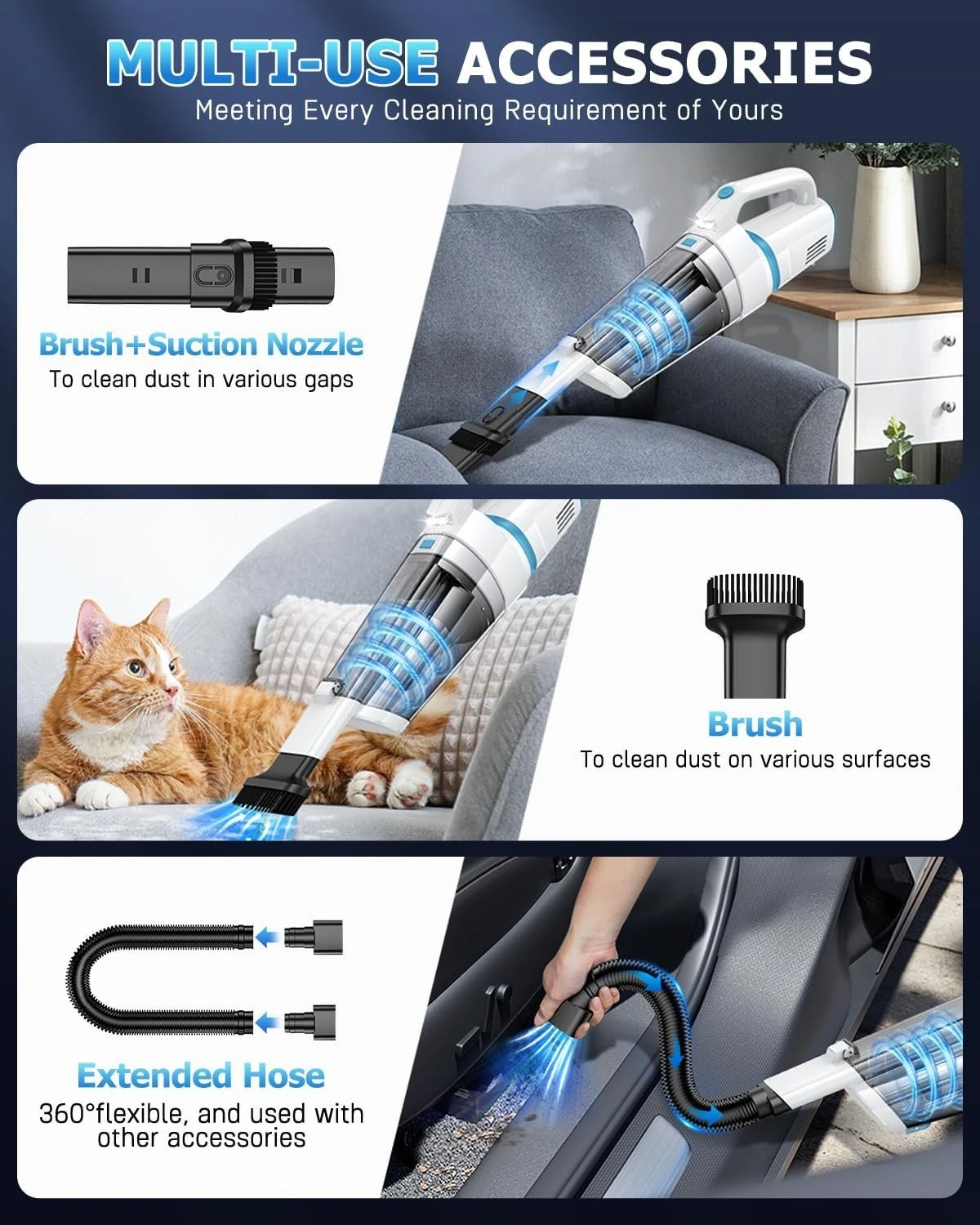 16000PA High Suction Rechargeable Cordless Handheld Vacuum Cleaner, Portable Car Vac with LED Light & Two Washable HEPA Filters for Home Car Office Use view 3