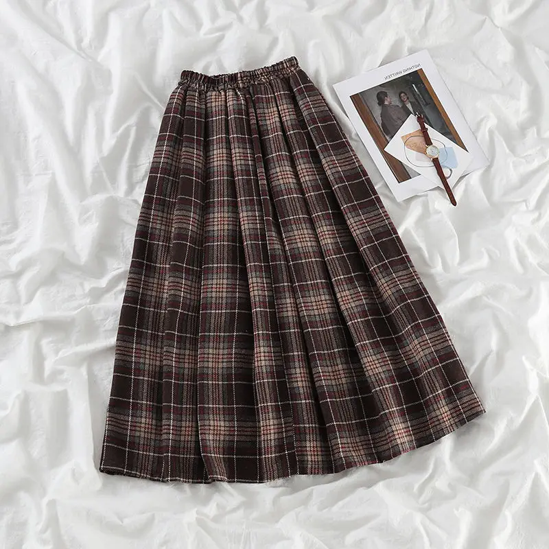 2024 Women's Spring Autumn New Fashion Retro Plaid Style Casual Hundred Pleated Short Elastic High Waist Loose A-line Half Skirt