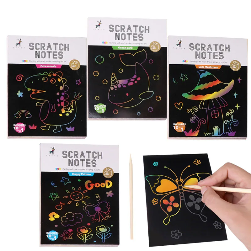 Cartoon Rainbow Scratch Paper Kits 10Page Scratching Paper with Pen 3-12 Kids Children Girl Boy DIY Painting Toy Graffiti Notes