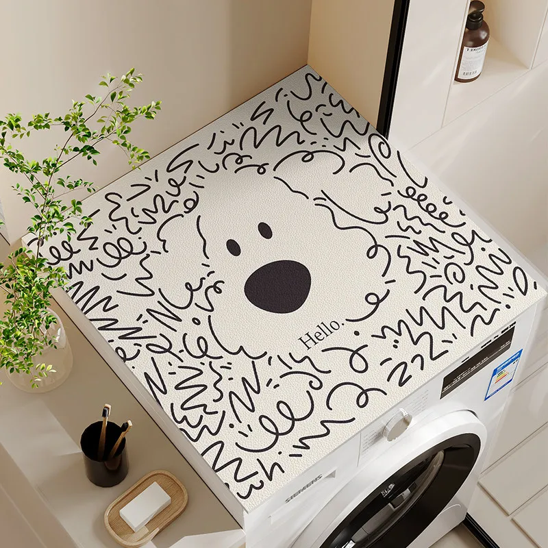 VIKAMA Sketch Fluffy Dog Washing Machine Top Mat Curly Line Hello Print Waterproof Anti Dust Laundry Dryer Surface Pad Dust