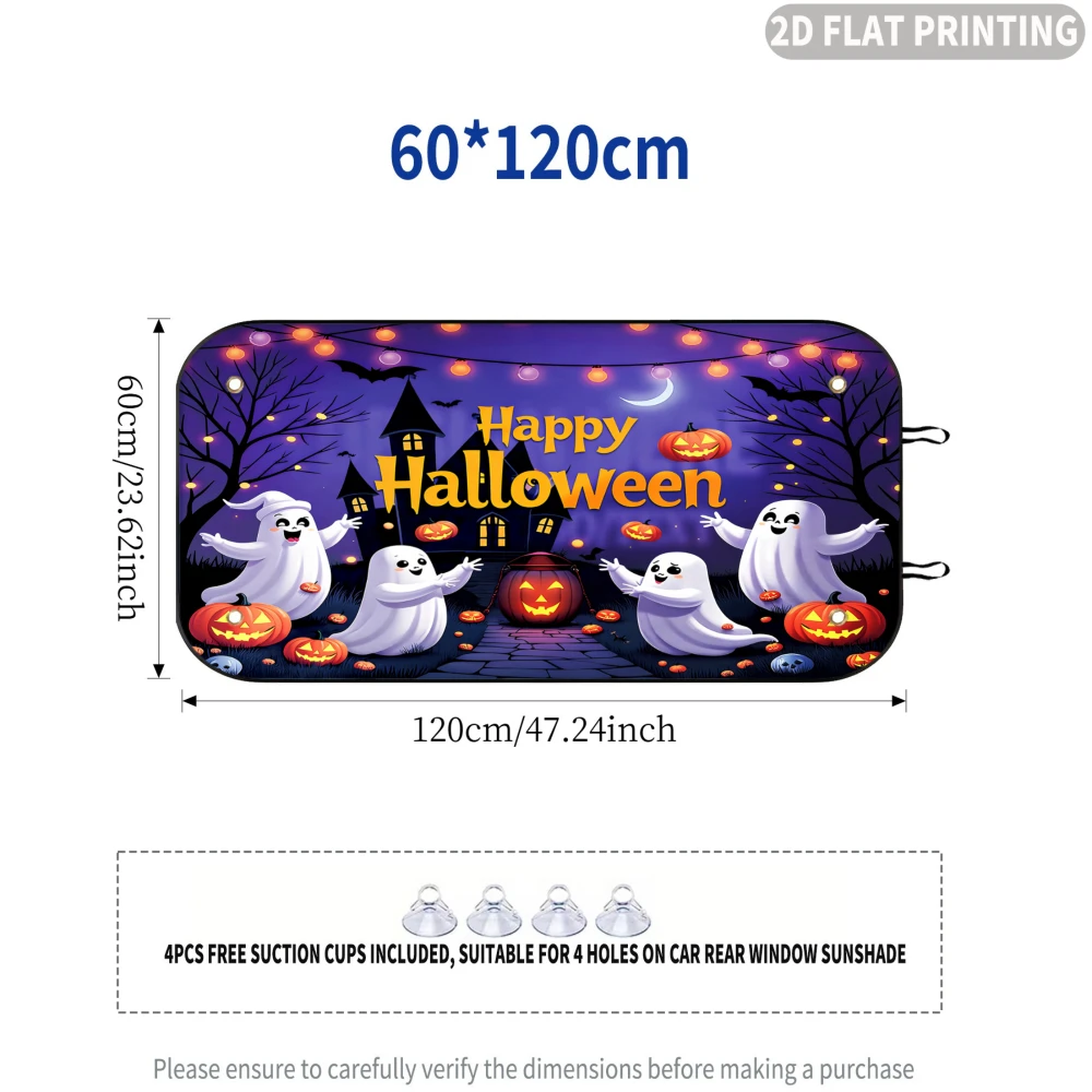 2D FLAT Printing 1pc Car Rear Window Sunshade Happy Halloween Ghosts Pumpkins Moon Stars Trees, 4 Suction Cups