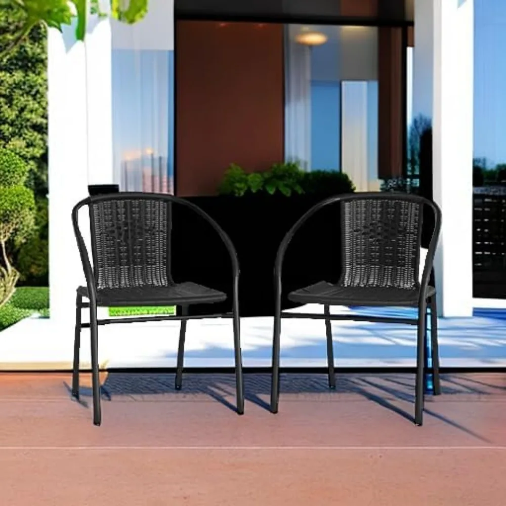 2 Pack Black Rattan Indoor-Outdoor Restaurant Stack Chair with Curved Back