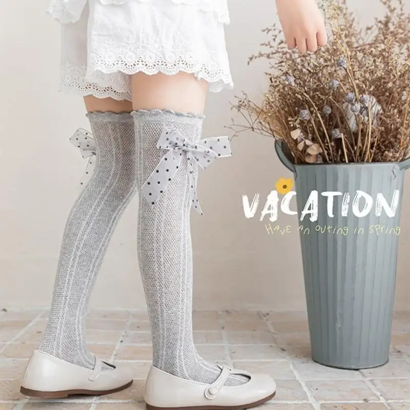 K8GF جوارب أطفال دانتيل مكشكشة بفيونكة ديكور للأطفال جوارب قطنية بطول الركبة #3