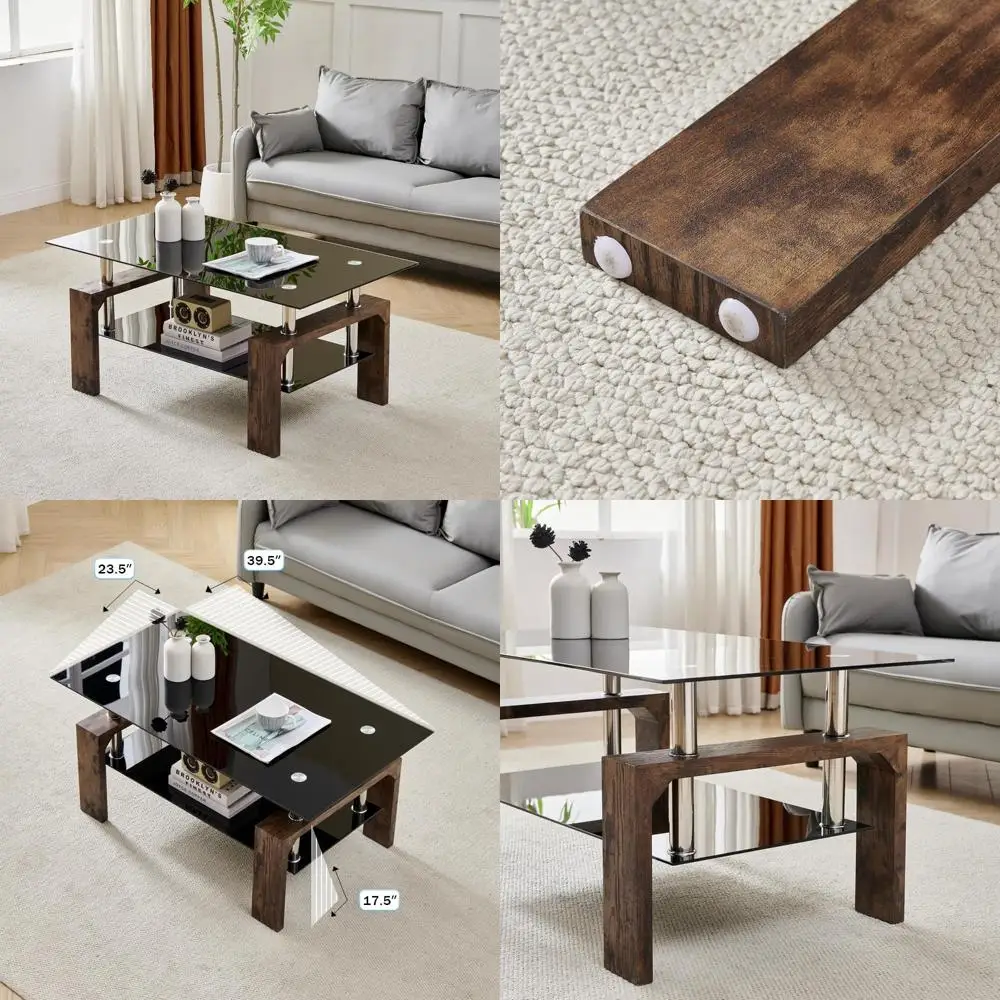 

Modern Rectangular Coffee Table with Wooden Legs and Glass Top, Ideal for Living Rooms and Waiting Areas