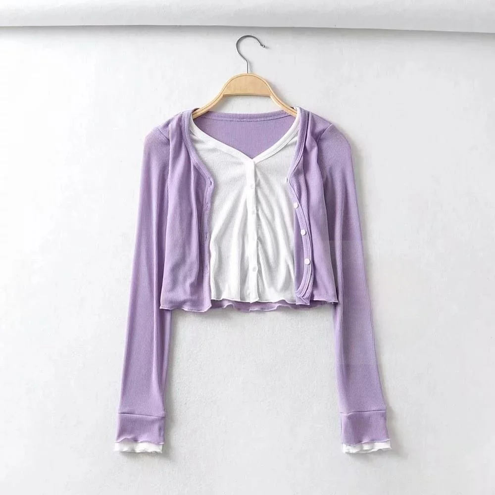 

Women's ort V-ne T-irt Fake Two Long Sved BM Sle Knitted Top Spring Faion Ladies' Premium Quali Knitwear