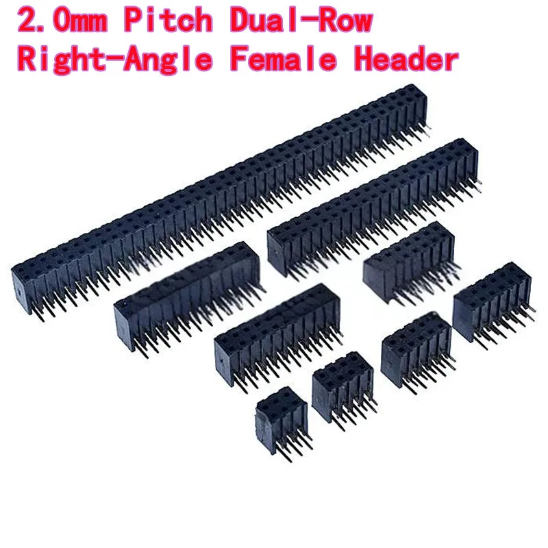 10PCS 2.0mm Pitch Dual-Row Right-Angle Female Header, 90° Vertical Mount, 2×3/4/5/6/10/20/40 Pins