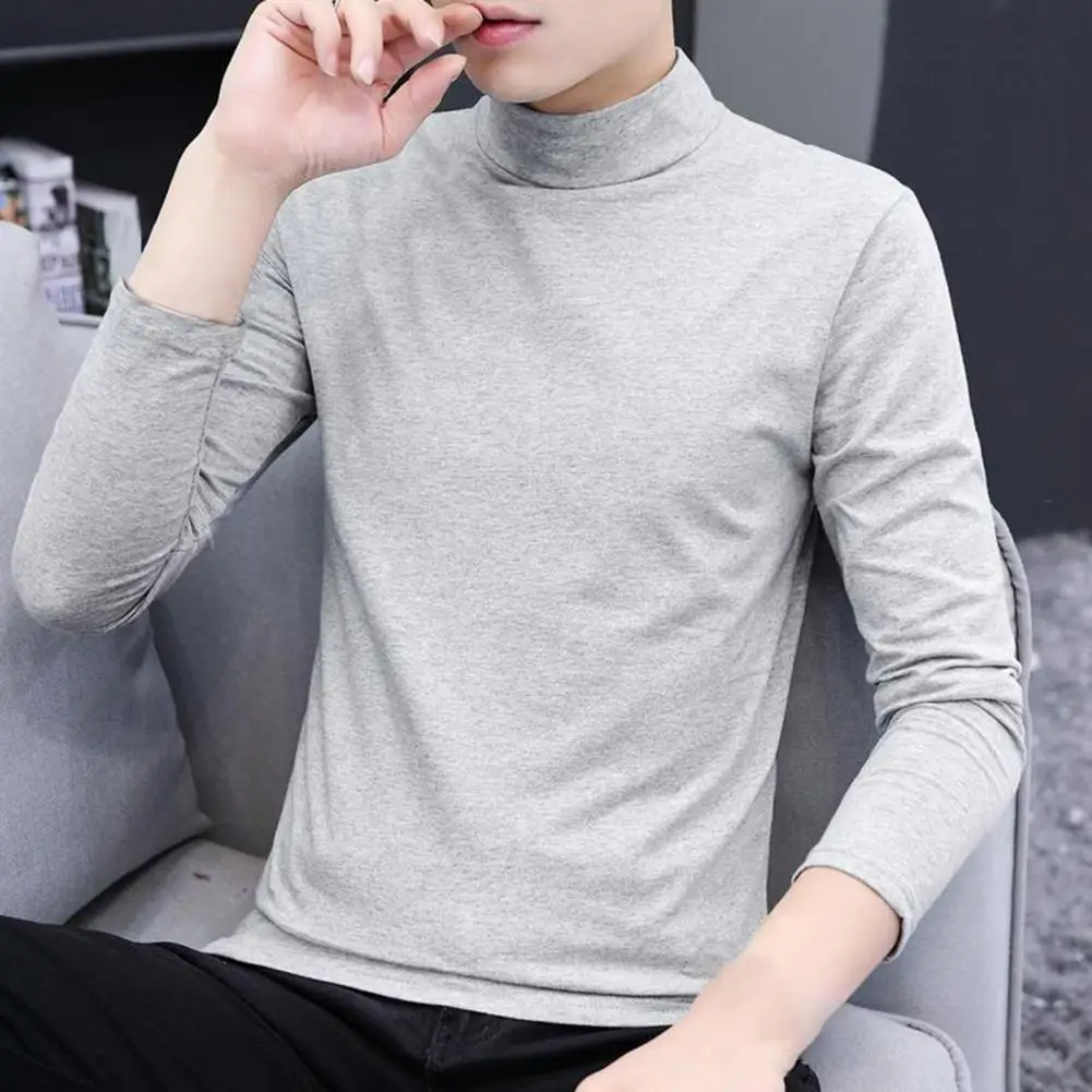Men Base Shirt Half-high Collar Solid Color Slim Fit Long Sleeves Soft Pullover Basic Close-fitting Comfortable Spring Tops