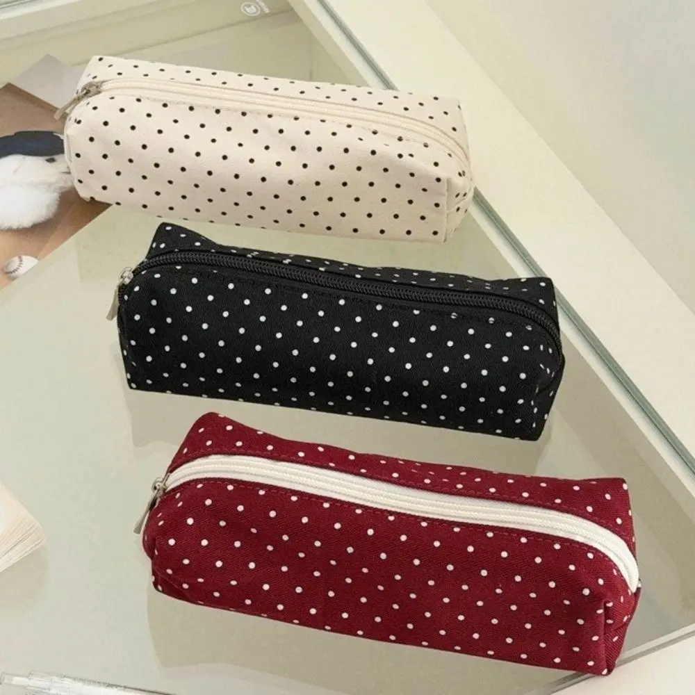 New Polka Dot Stationery Pouch Canvas Large Capacity Pen Pouch Zipper Closure Red Black Beige Pen Storage Bag School Use