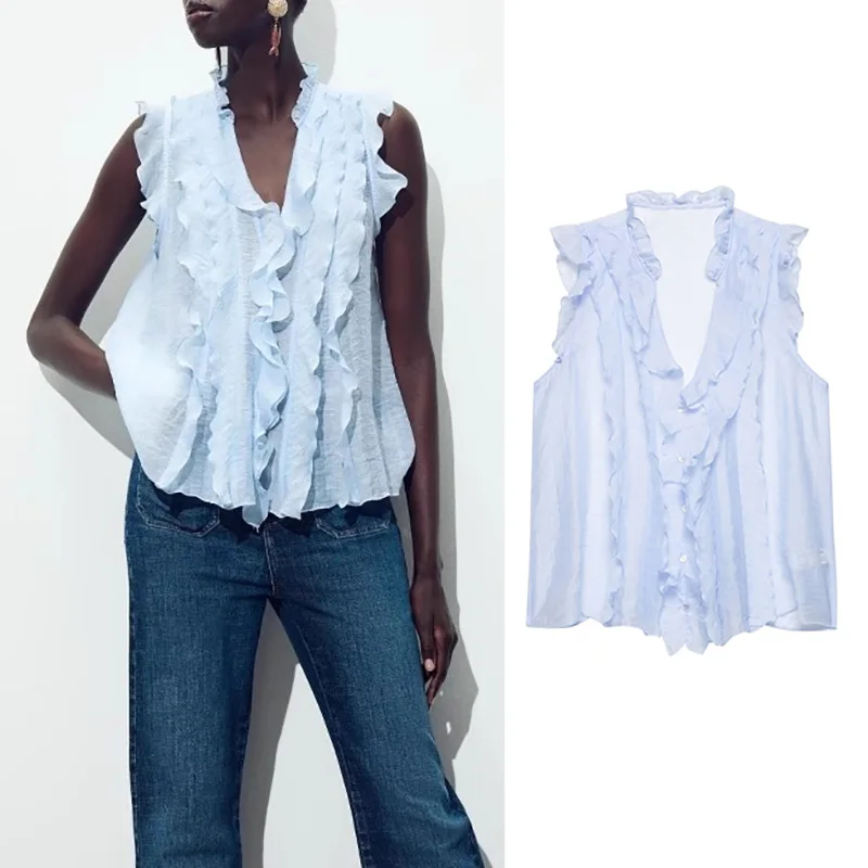

PRINTKAOIR Women Fashion Solid Ruffled Pleated Single Breasted Tank Tops Vintage V-Neck Sleeveless Female Chic Lady Top