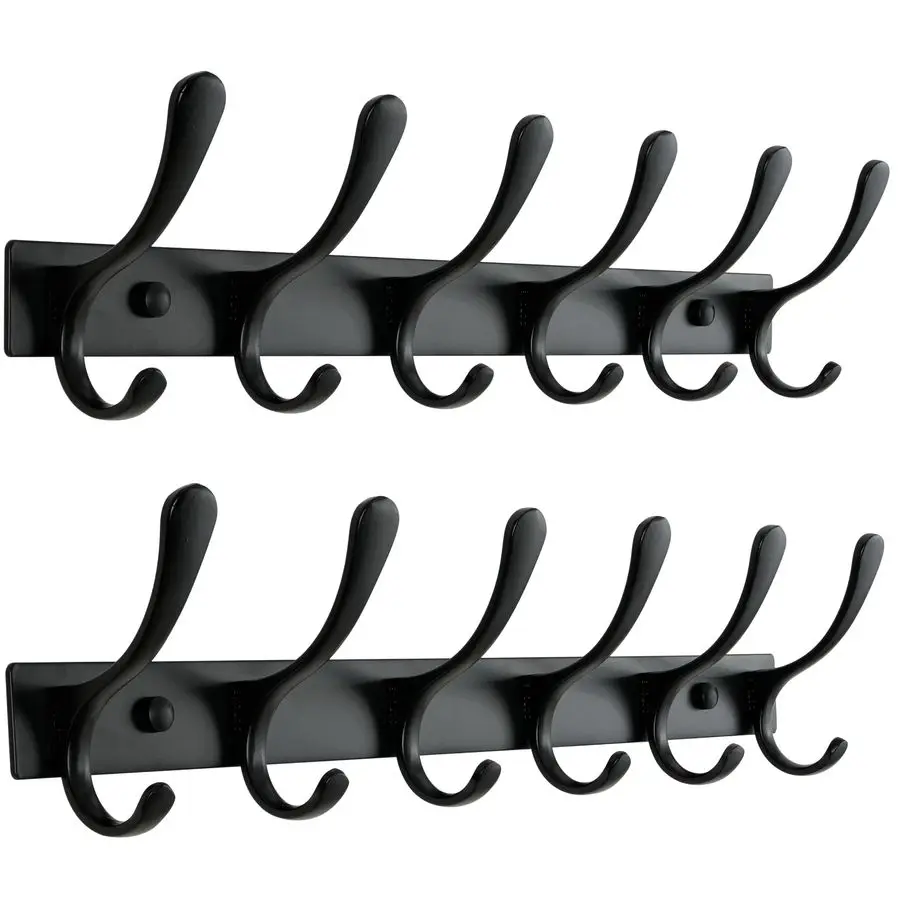 

Heavy Duty Wall Mounted Coat Rack 6 Hooks, Stainless Steel, Pack of 2, Sturdy Coat Hooks for Hanging Clothes, Jacket, Hat, Black