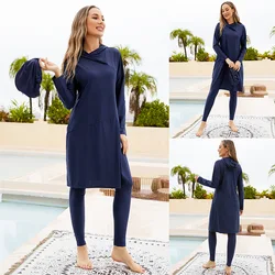 Women Arabian Muslim Blue Swimwear Three-Piece Set Moslem Swimsuit Whole Long Sleeve Islamic Burkinis Bathing Suit Surf Swimsuit