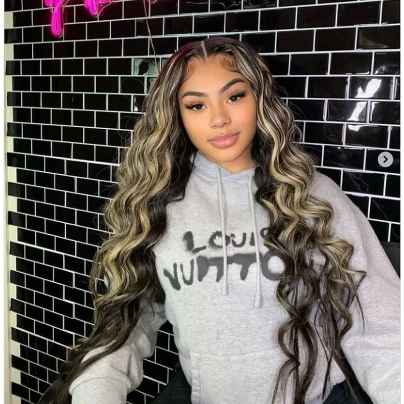 Long Wave Black Blonde Mixed Remy Lace Front 100% Real  Hair Wig Glueless