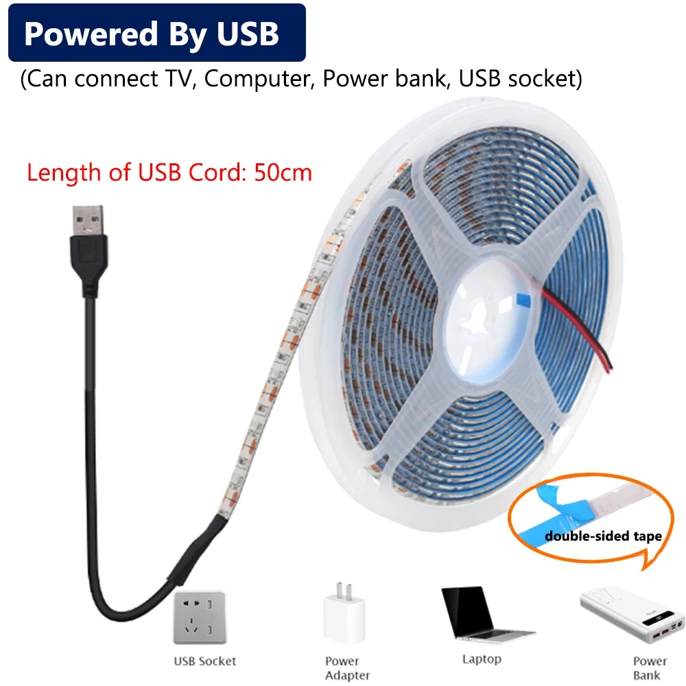 家庭用USB LEDストリップライト,装飾ライト,TVバックライト,暖かい白色光,2835 smd,1 m, 2 m, 3 m, 5 m,dc 5v