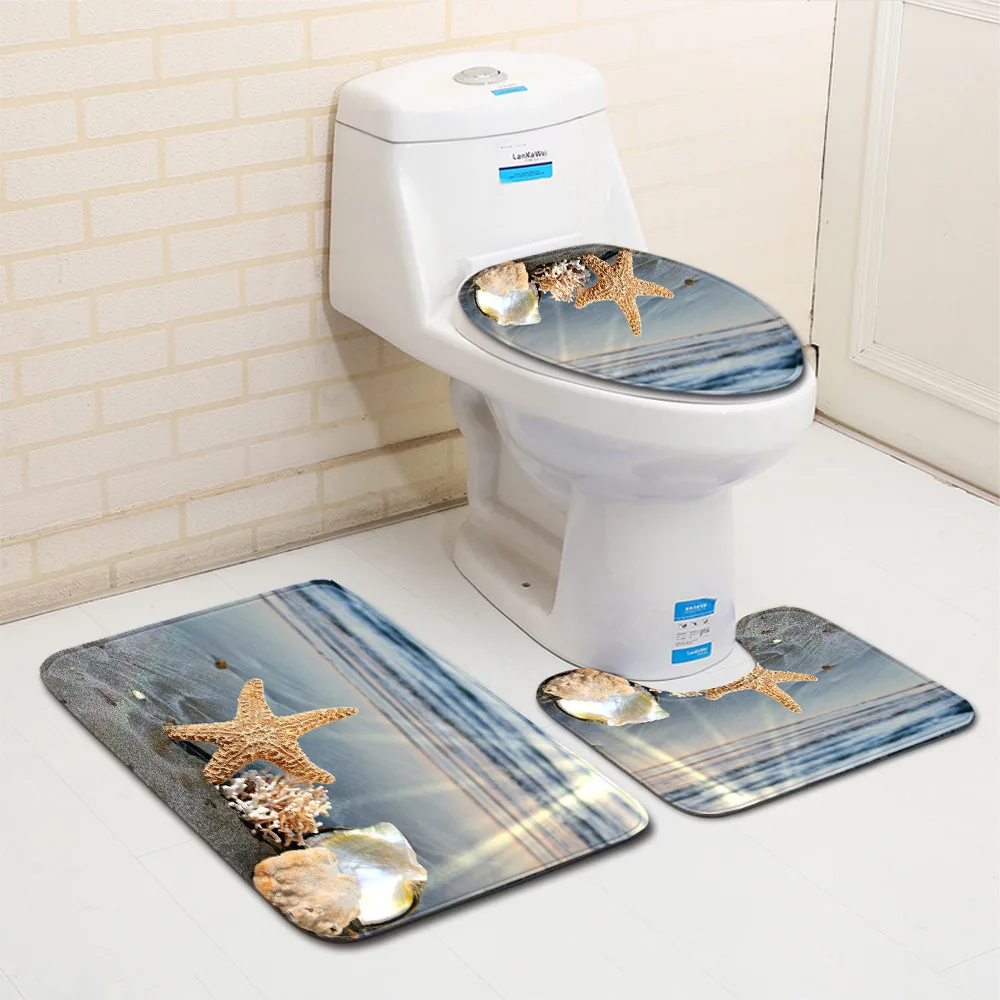 3 Piece Set Beach Shells Floor Mat Door Mat Bathroom Carpet Bathroom Carpets Toilet Seat Cover Floor Mat Bathroom Decor