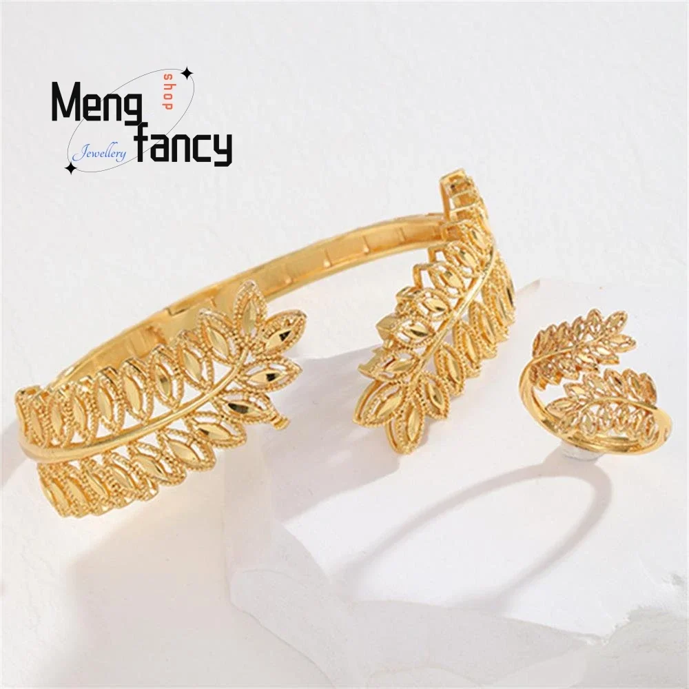 Sand Gold 24K Openwork Bracelet Ring With Wheat Ears Fashion Luxury Charms Fine Jewelry Sets Women Designer Bangle Holiday Gifts