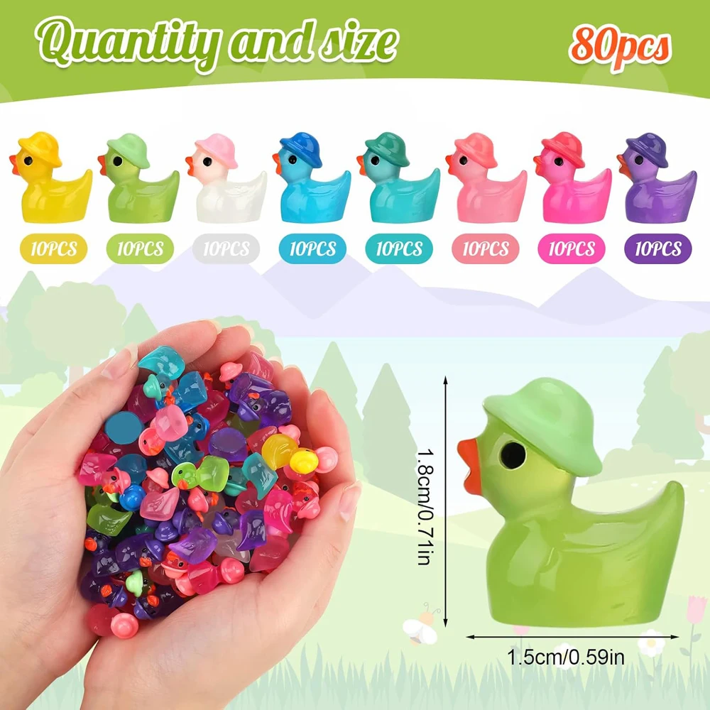 80Pcs Luminous Mini Resin Ducks,Tiny Duck Miniature Duck Figures Wearing Hat DIY Crafts Cake Decor for Micro Landscape