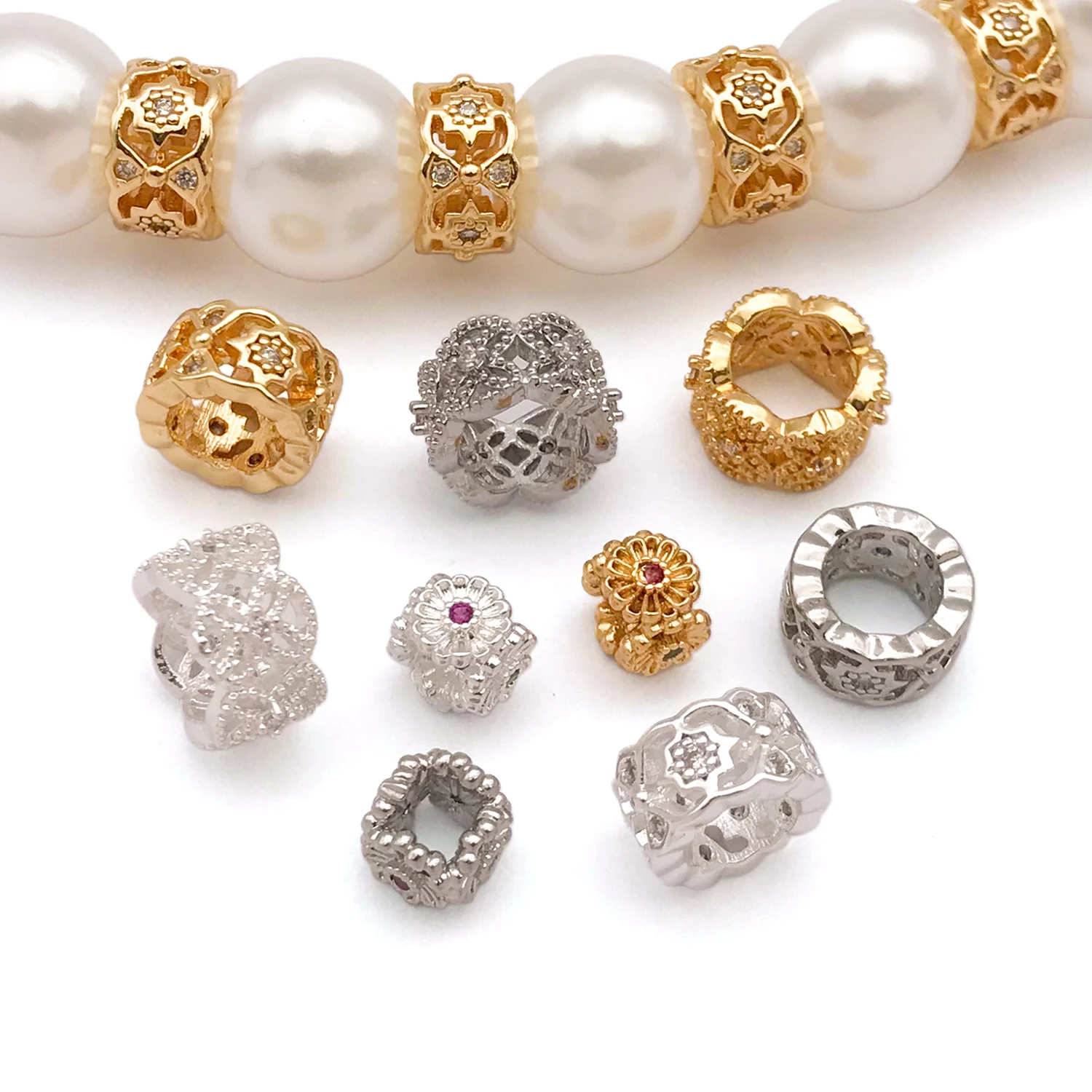 2pcs 18K Real Gold Plated Brass Beads, Inlay Zircon Spacer Beads for DIY Bracelet Necklace Earring Jewelry Making Accessories