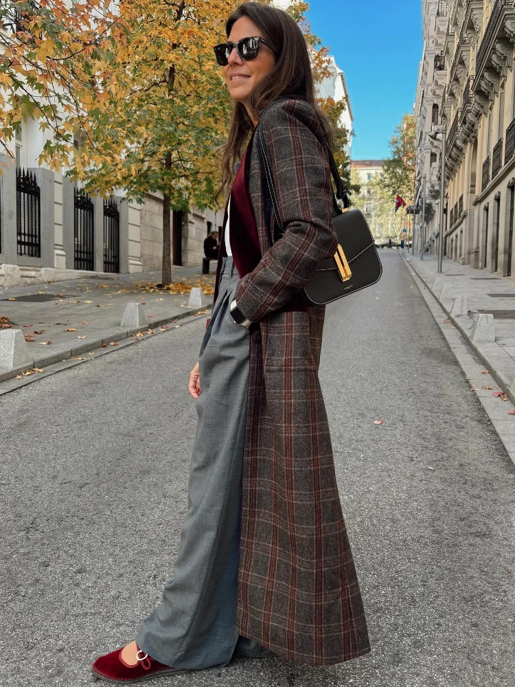 Fashion Colorful Plaid Print Woolen Overcoats For Women Patchwork Turn-down Collar Slim Fits Long Coats 2024 New High Streetwear