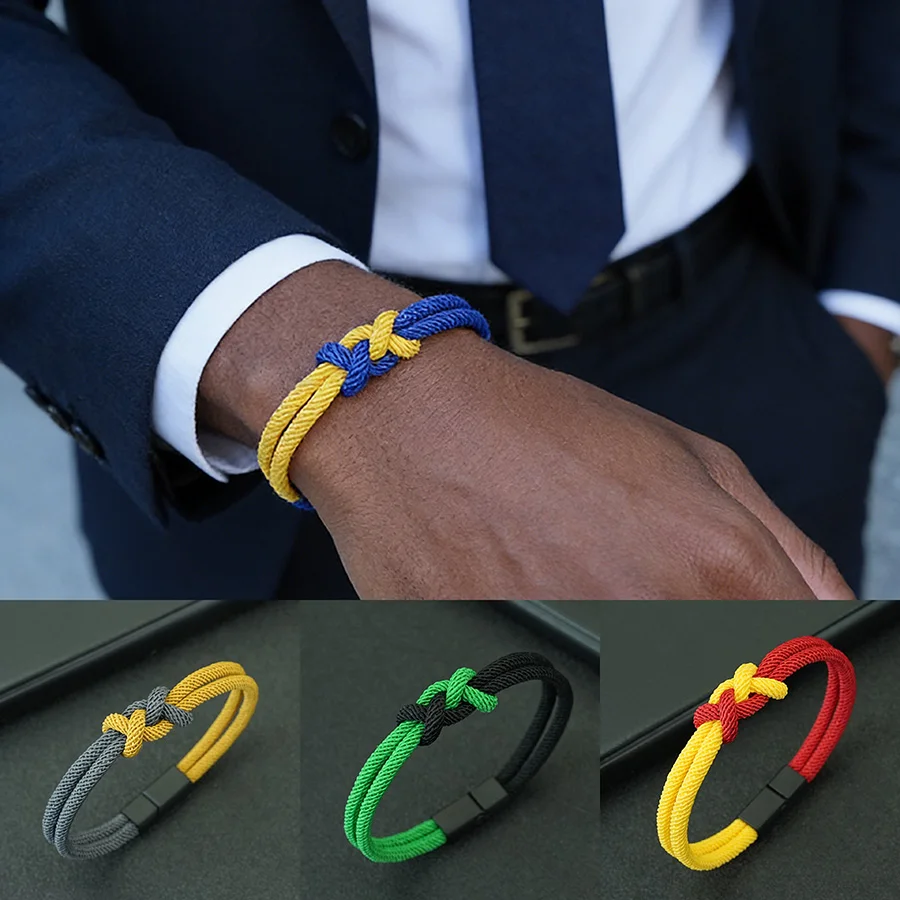 Image of Modisches Armband mit besonderem Knoten-Charm für Herren, 7 Sets mit kontrastierenden Farbdesigns, Klasse A, 4 mm Kordel, keine Verformung, kein Ausbleichen.