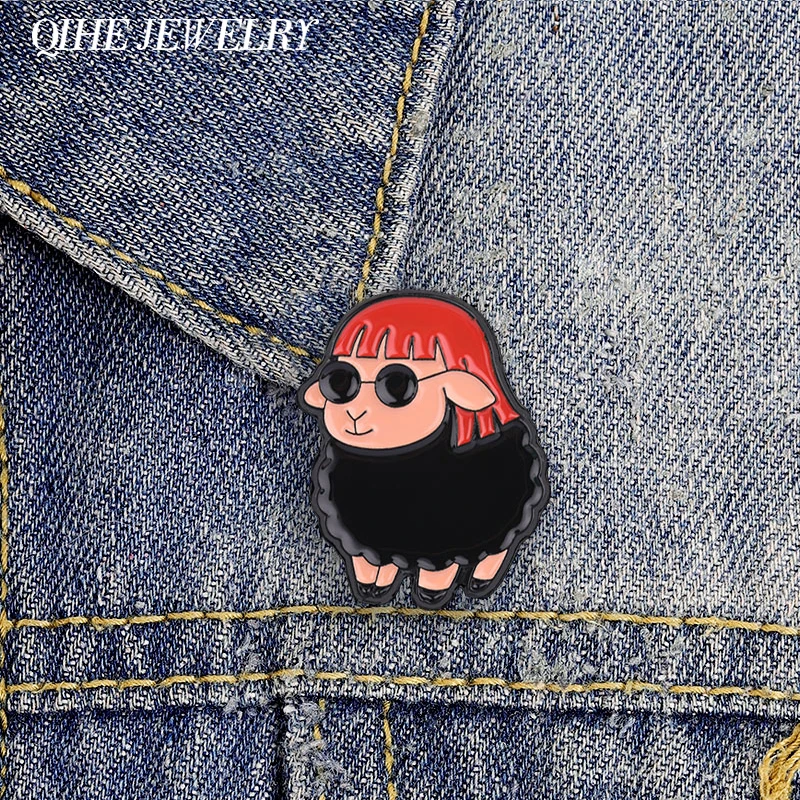 Cool Rock Black Sheep Red Hair Wearing Sunglasses Enamel Pin Punk Pop Street Style Sheep Metal Brooch Lapel Badge Jewelry Gifts