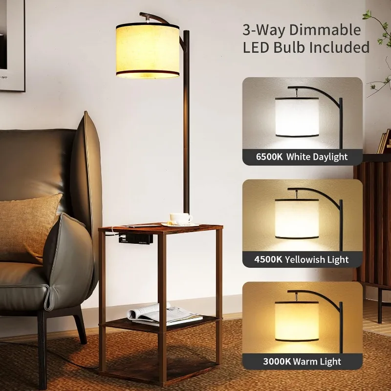 Floor Lamp with Table, End Table with Lamp, Shelves, Charging Station(USB & AC Port), 3-Color Temperature LED Bulb, Side Table