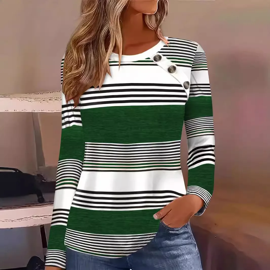 VOLEEMI 2024 Womens Clothing Long Sleeve Striped Shirt Colorblock Tee Crew Neck Casual Tops Loose Sweater graphic t shirts