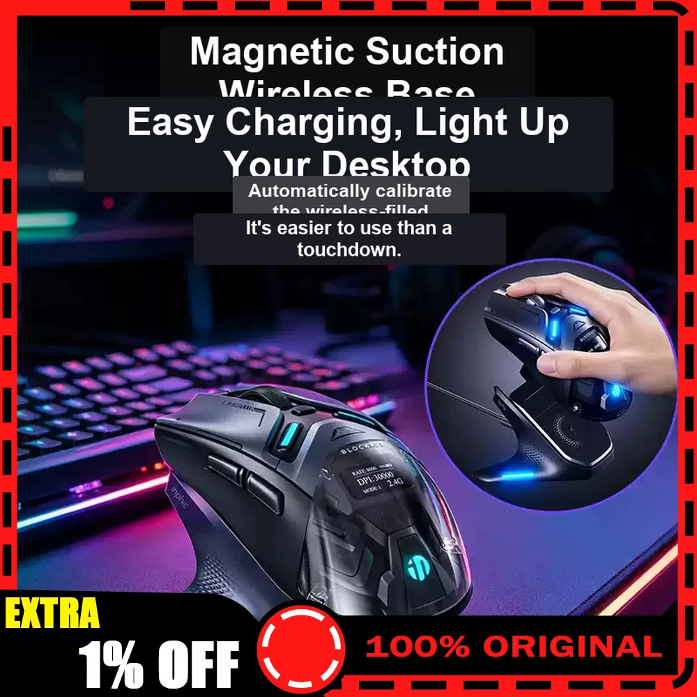 Inphic ZHEN Mouse Tri Mode Wireless PAW3950 Long Battery Life Gaming Mice OLED Display Magnetic Charging Base Office Accessories