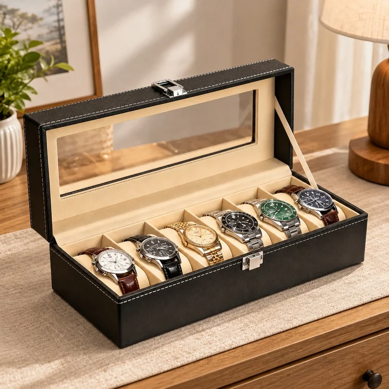 Men's PU Leather Watch Display Case with Glass Lid, Multi-Slot Organizer and Stand, Perfect Gift Storage Solution
