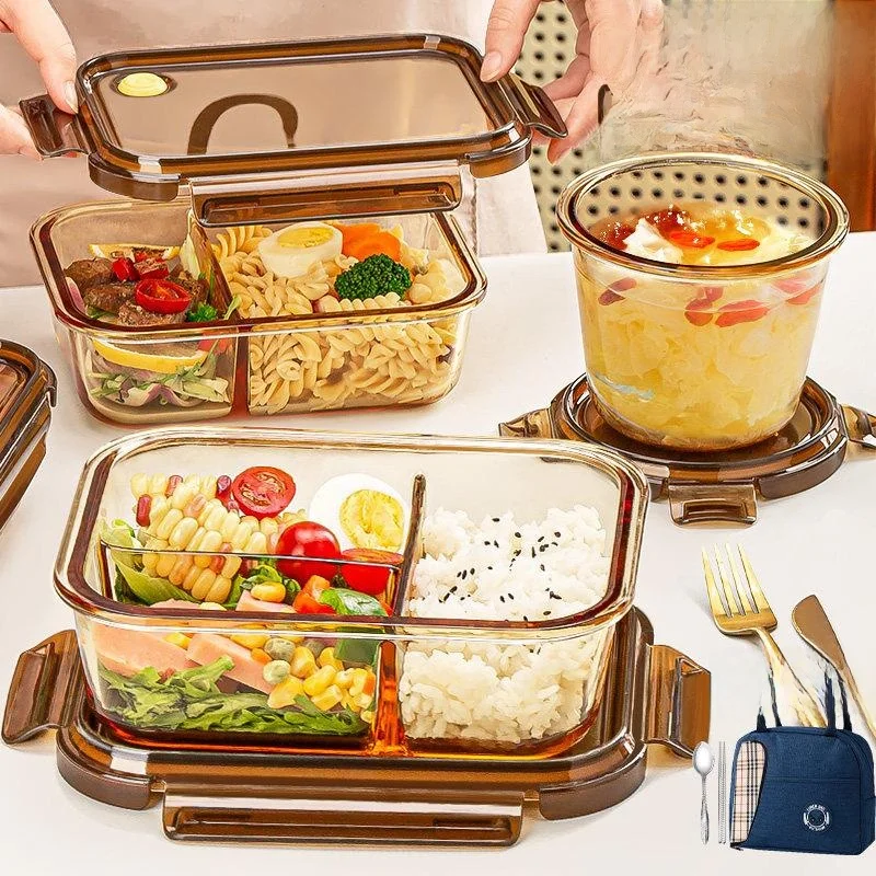 Glass Lunch Box Microwave Safe Food Container with Lid for Work Fruit Preservation Triple Partition Stainless Steel Bottom
