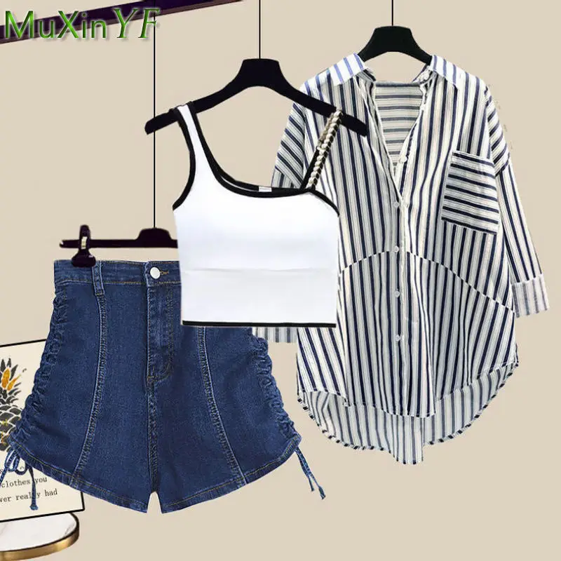 Summer Women's Clothing Set 2023 Korean Lady Casual Loose Stripe Shirt Black Vest Denim Short Pants Outfits Student Streetwear