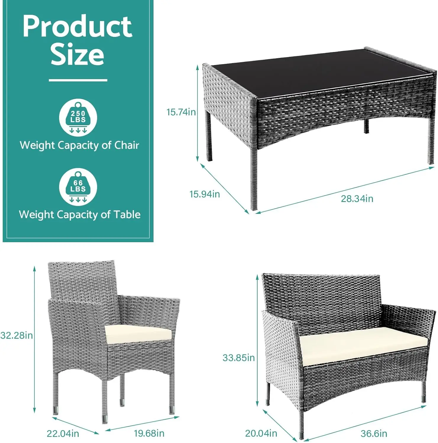 Sofá seccional para conversación de muebles de Patio, mesa y sillas de mimbre para exteriores con cojín grueso para jardín, Patio o porche