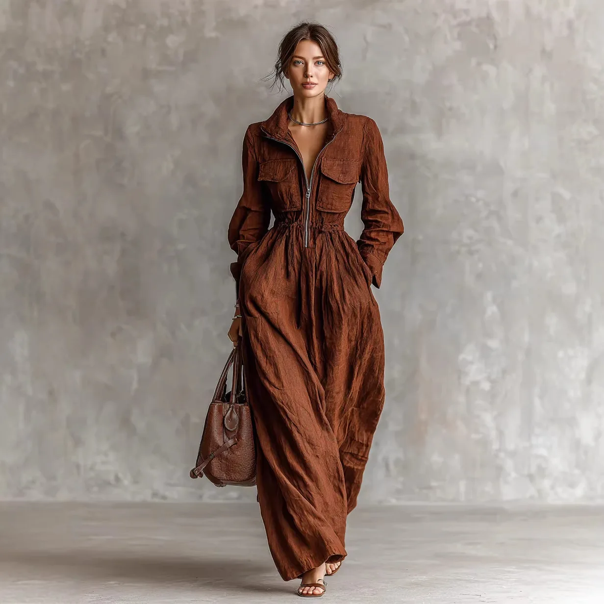 

2026 New European American Style High-End French Dress With Long Sleeves, Turn-Down Collar, Elastic Waist, And Zipper Closure