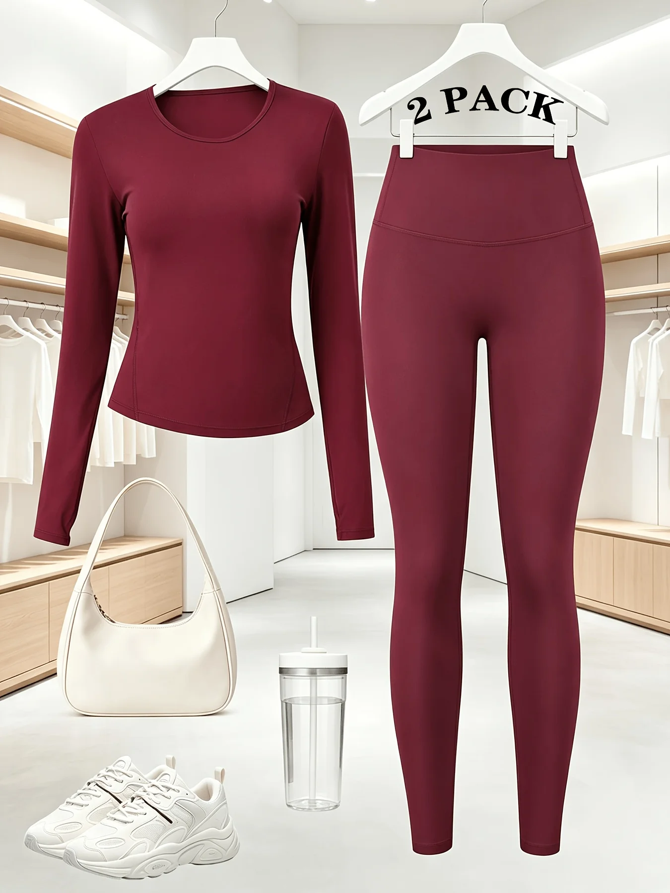 2 Piece Women's Soft Yoga Set Solid Long Sleeve Top and High Waist Pocket Pant Comfortable Pajamas Home Underwear