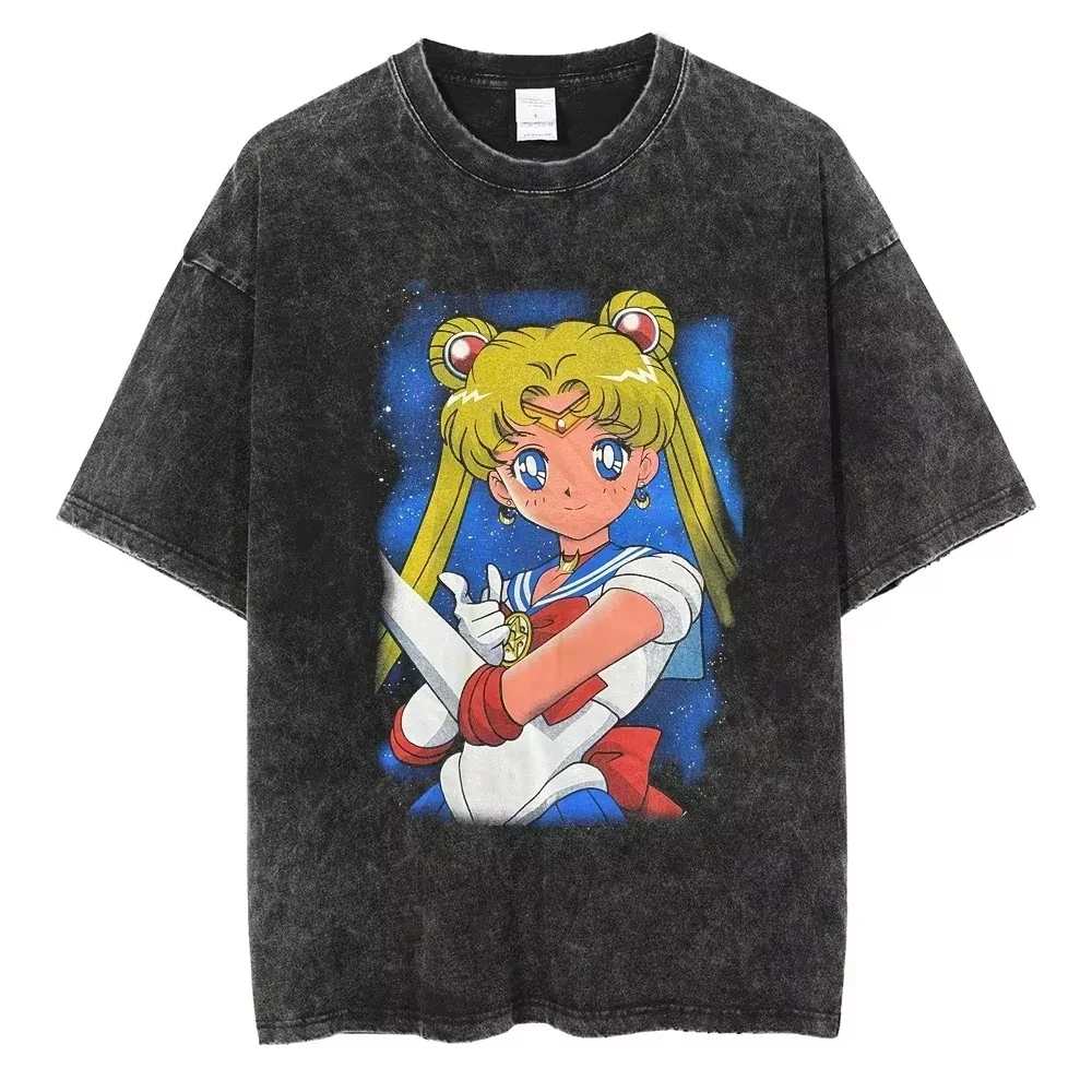Neues Anime Sailor Moon Anime Washed T-Shirt Frühling Sommer Vintage Herren Damen Baumwolle Lässiges Oversize-T-Shirt Lockeres Oberteil Streetwear