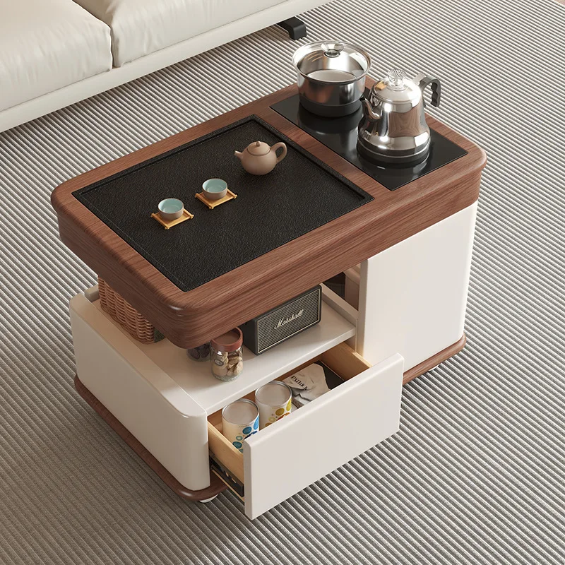 Solid wood movable coffee table storage living room wood grain tea table boiling water and making tea integrated side cabinet