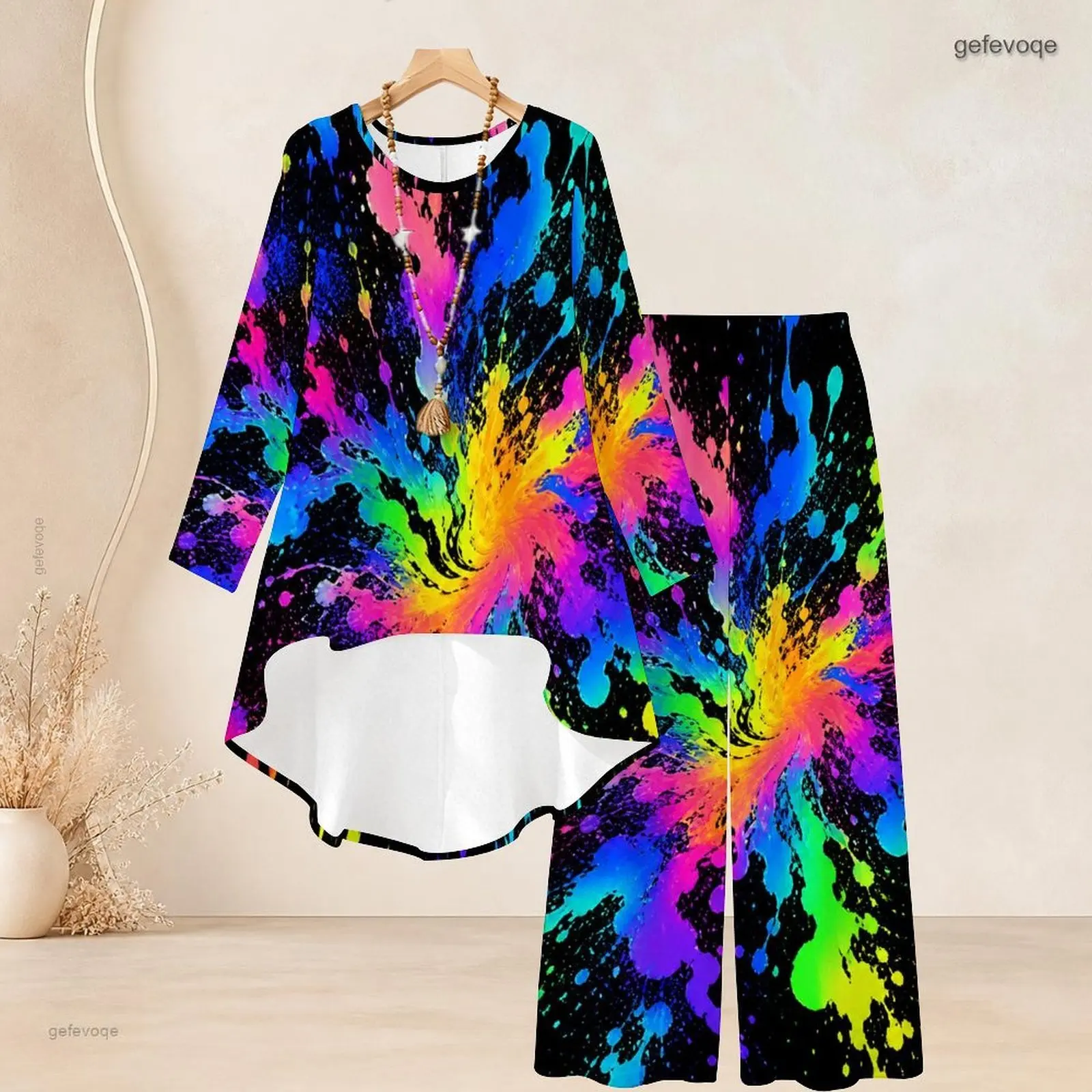 Round Neck Long Sleeve High Low Top Wide Leg Pants Two Piece Printed Pants Set for Women
