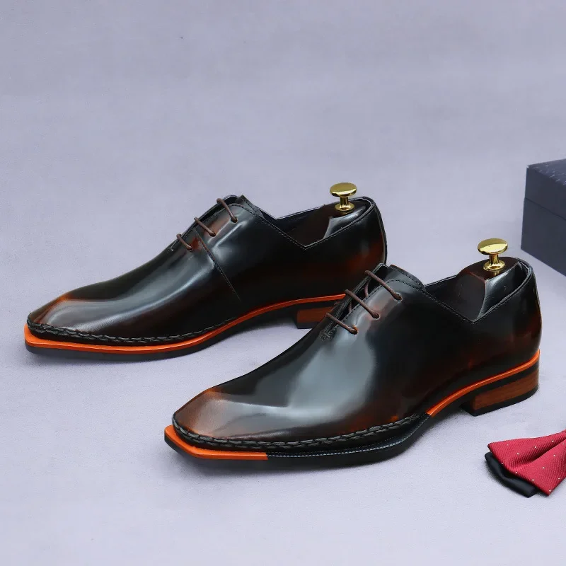 

Bright Leather Shoes Men's Business Cowhide Genuine Leather Oxfords Casual Lacquered British Personality Square Toe Formal Shoe