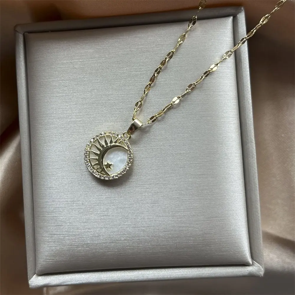 Vintage Moon And Star Round Shell Pendant Necklace For Women Gold Color Stainless Steel Chain 2024 Trend Jewelry Wedding Gift image 5