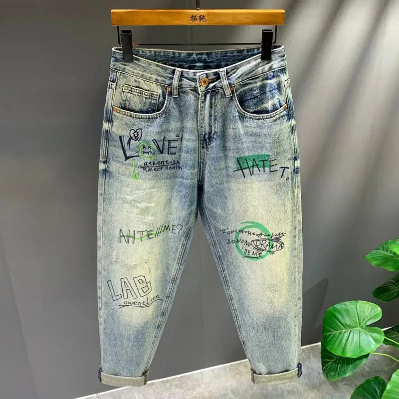 

Foufurieux American High Street Trendy Graffiti Printed Loose Casual Haren Denim Pants for Men Summer Retro Low Waist Jeans Men