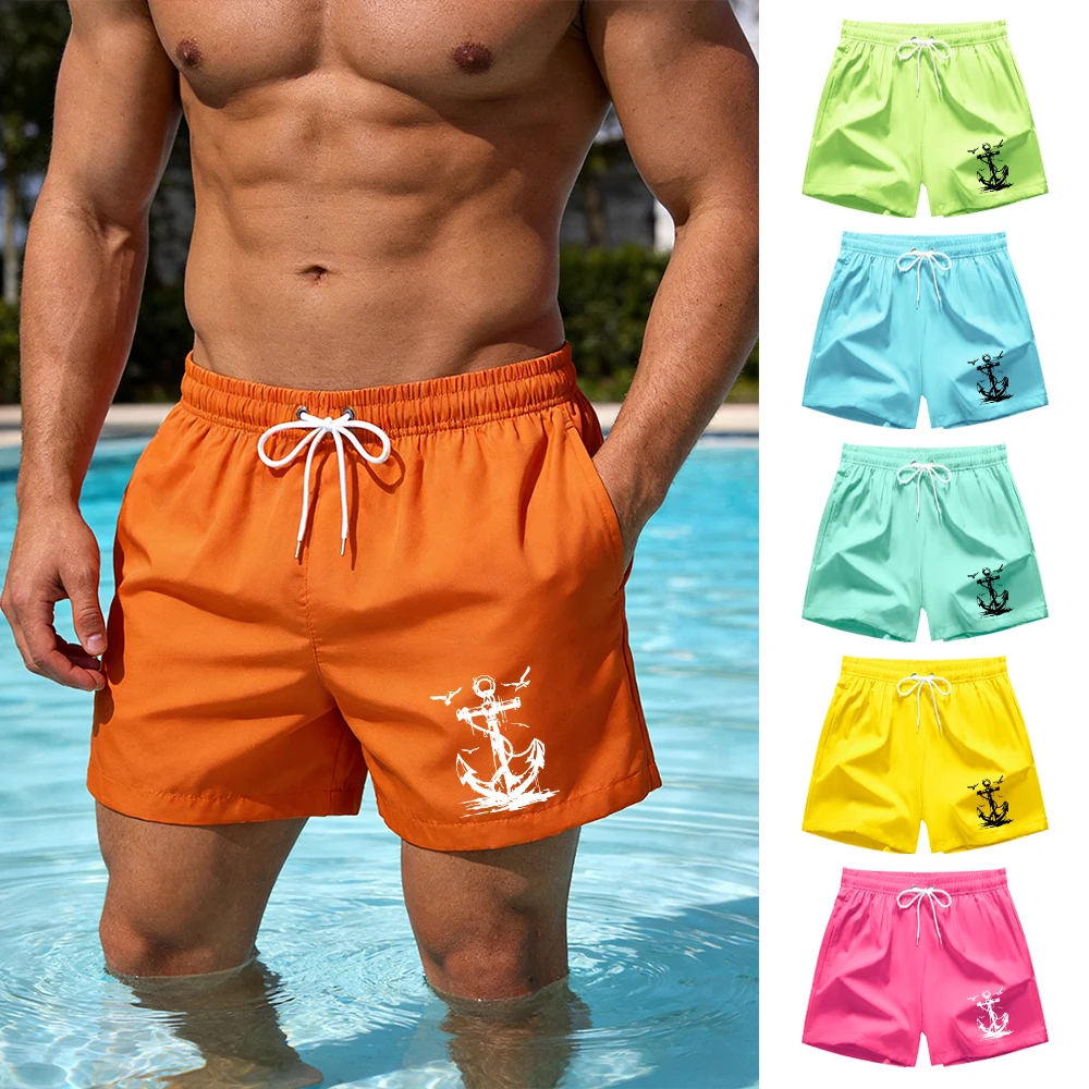 

Men's Unique Anchor Print Sports Shorts Summer Casual Quick Drying Fitness Running Drawstring Shorts With Cell Phone Pocket