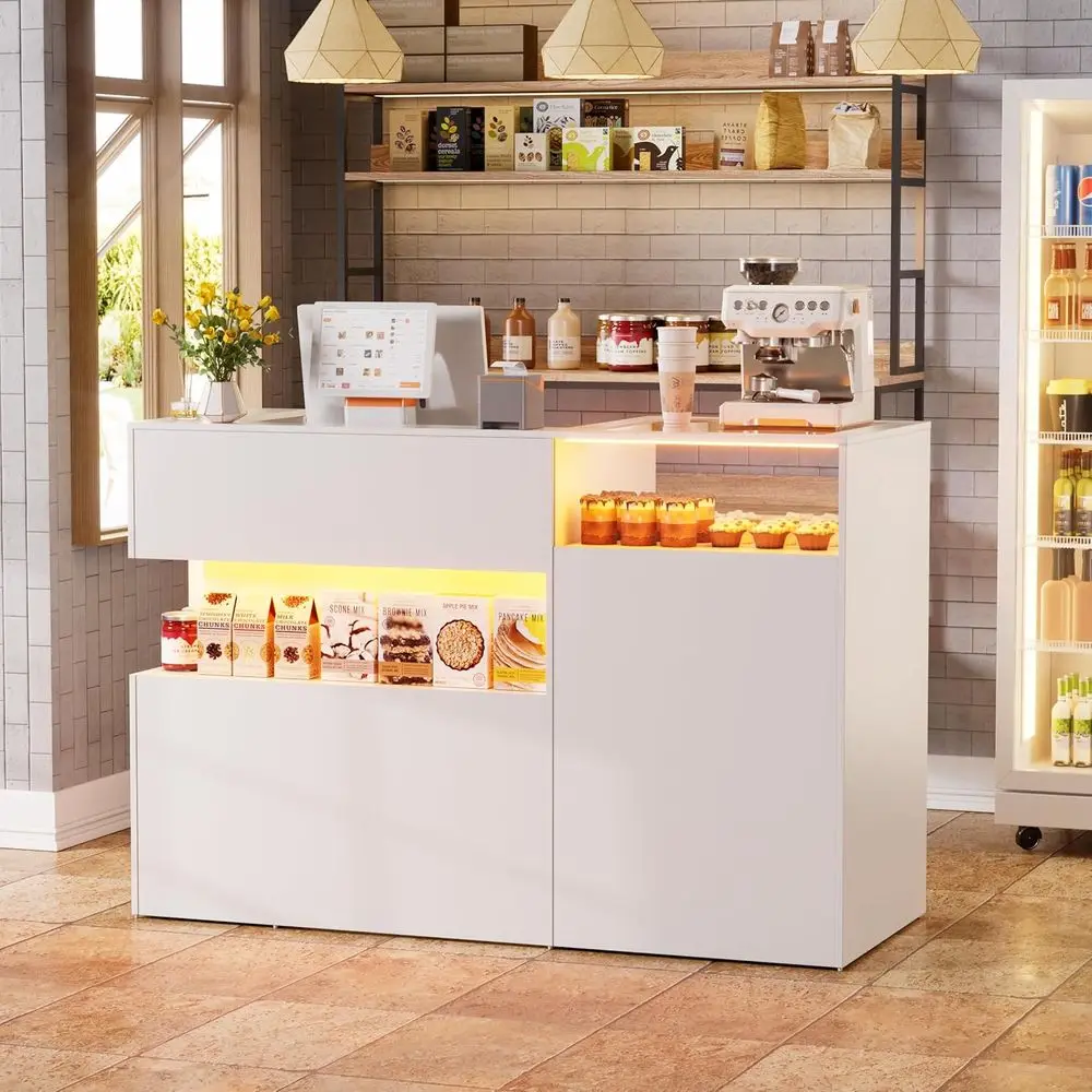 

59 Стеклянная стойка регистрации со светодиодной подсветкой и ящиками для салонов, вестибюлей и офисов, белая