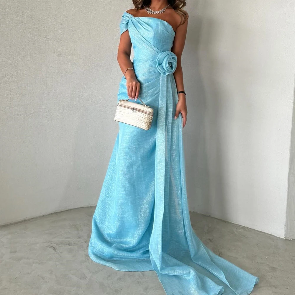 Customized Temperament Flowers Chiffon Blue One Shoulder Evening Dress Modern Strapless Straight Short Sleeves Celebrity Gowns