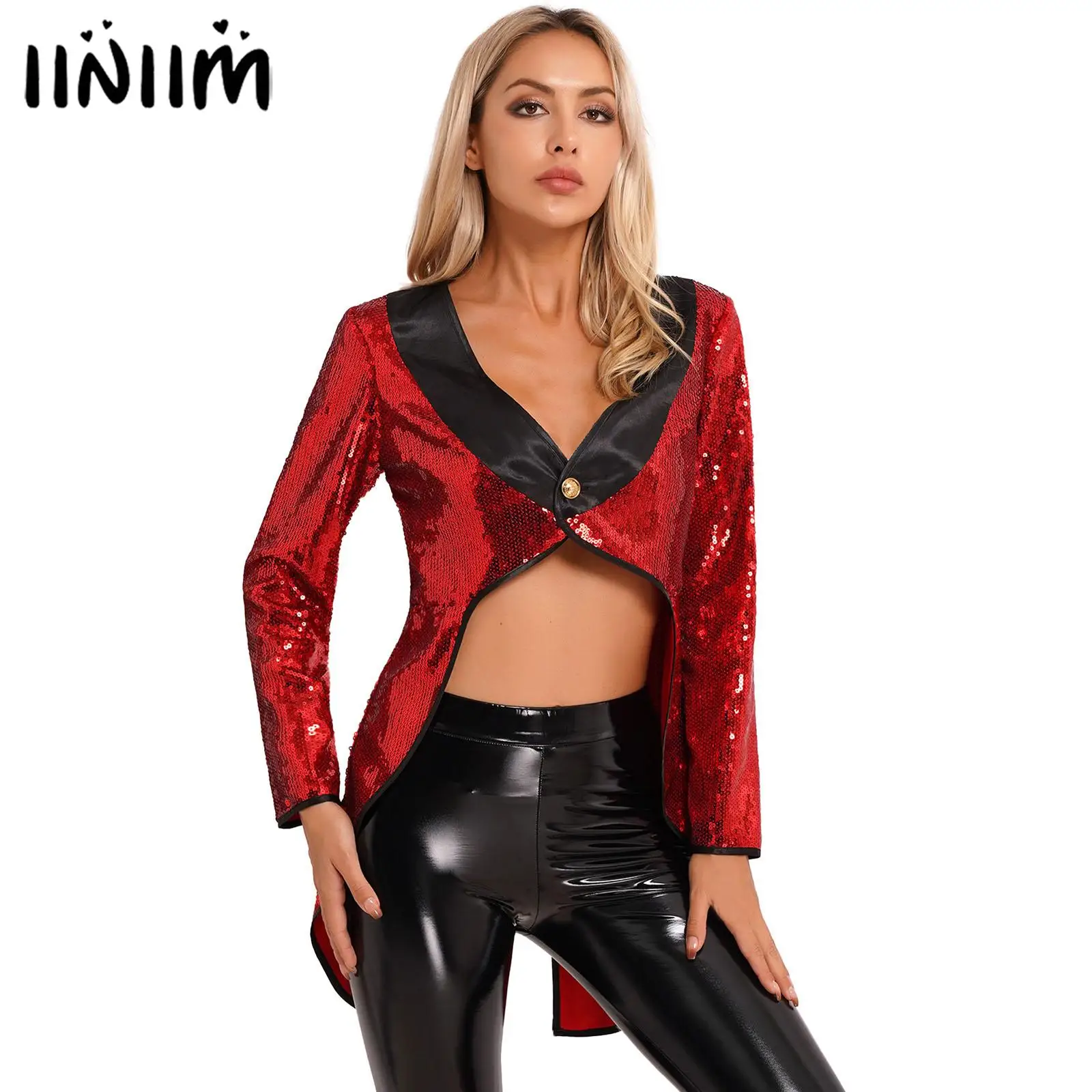 

Womens Tuxedo Outerwear Circus Ringmaster Dress Up Halloween Costumes Tailcoat Jacket Sparkle Sequin One-Button Magician Dress