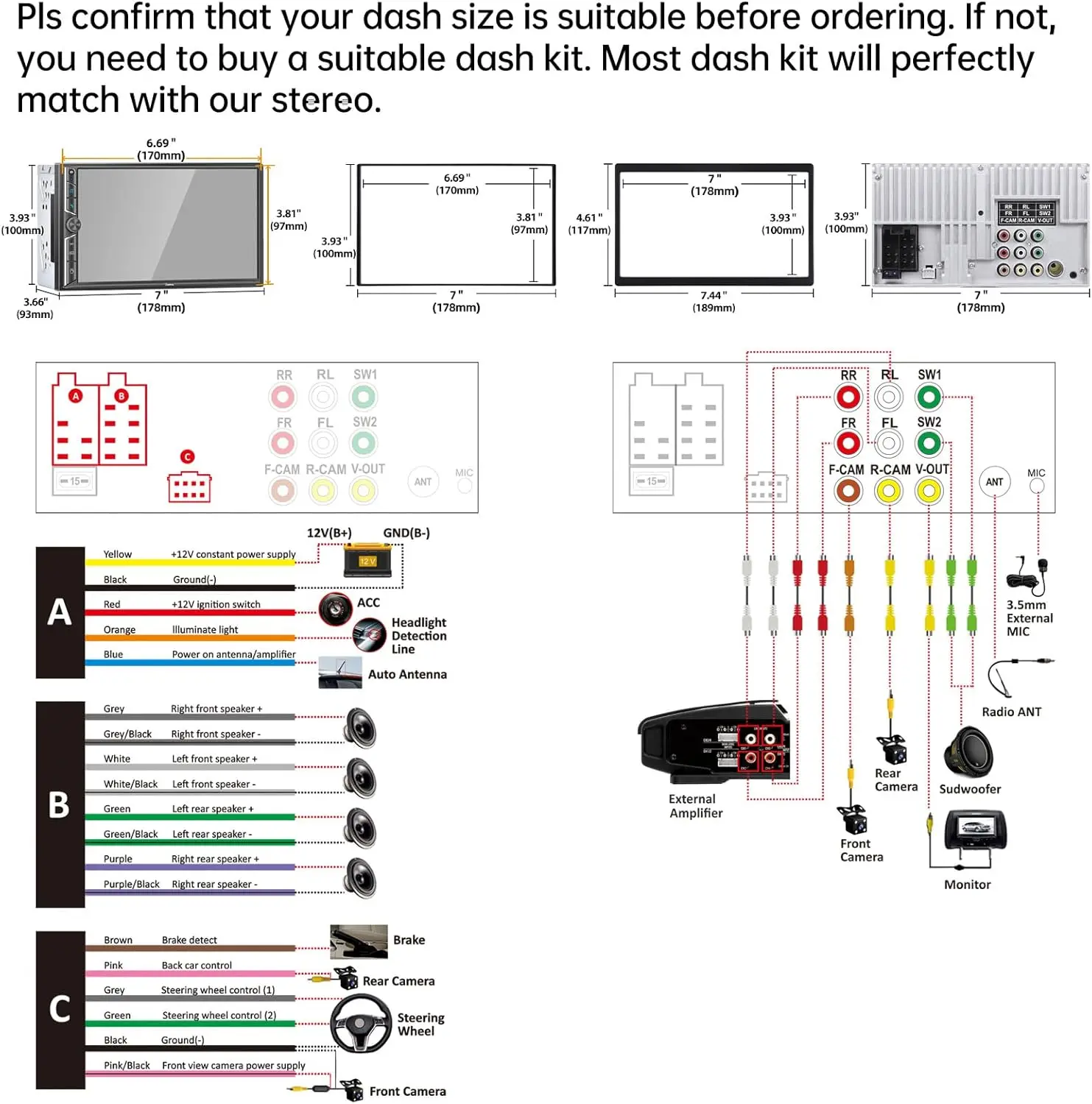 7인치 더블 딘 카 스테레오, 무선 카플레이, 안드로이드 오토, HD 터치스크린, 후방 카메라, 블루투스 5.0, FM/AM 라디오