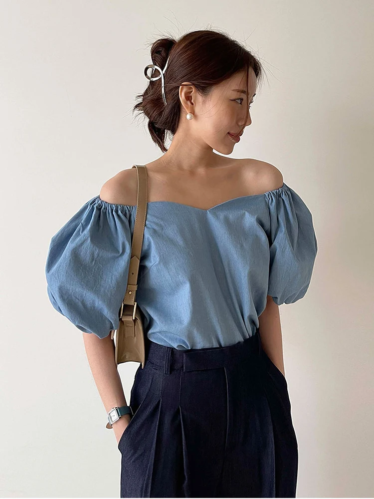 Two-Way Wear oulder Bared Bubble Sve irt Women's Faion Korean Sle Commute Straight Cut ort Sve Pure Color Top