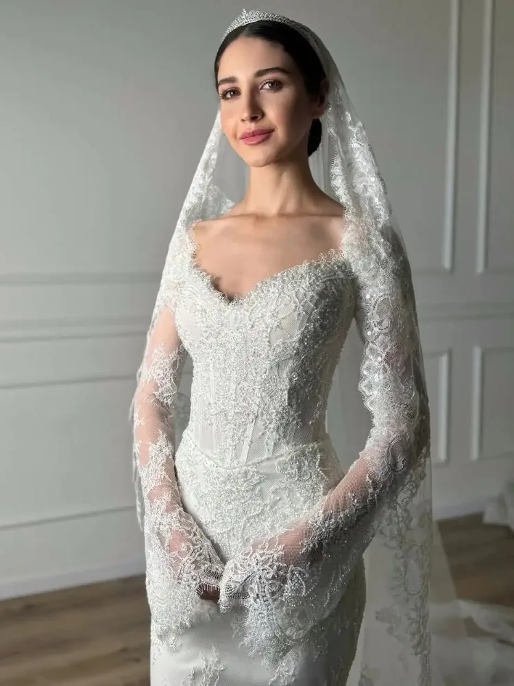 

Элегантные милые свадебные платья русалки с длинными рукавами, кружевные аппликации из бисера, корсет, свадебное платье Vestido de novia без вуали