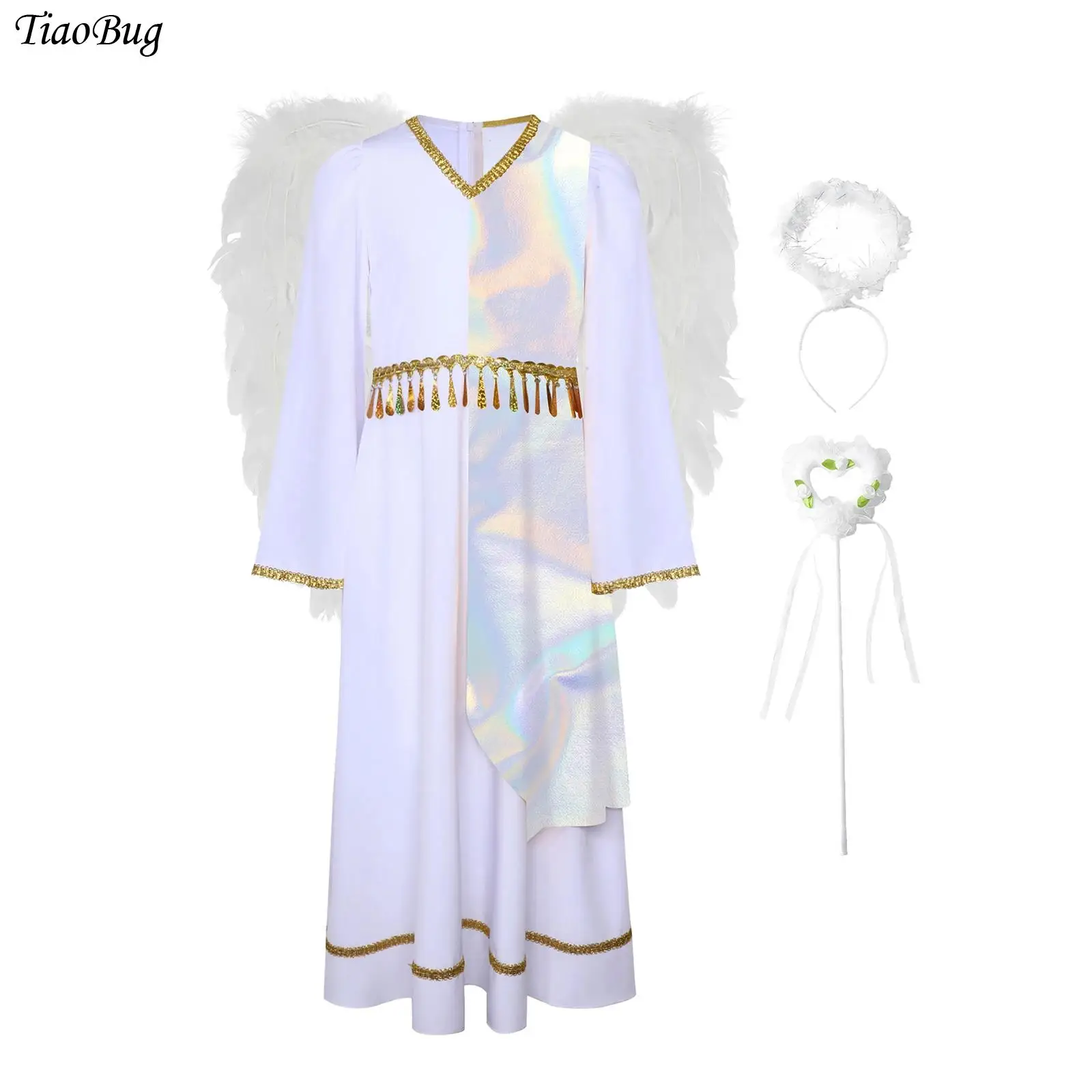 Disfraz de Ángel para niñas, adorno tejido dorado, cuello en V, manga acampanada, lentejuelas, borlas, patrón de estrella, diadema, palitos de hadas y alas, 4 Uds.