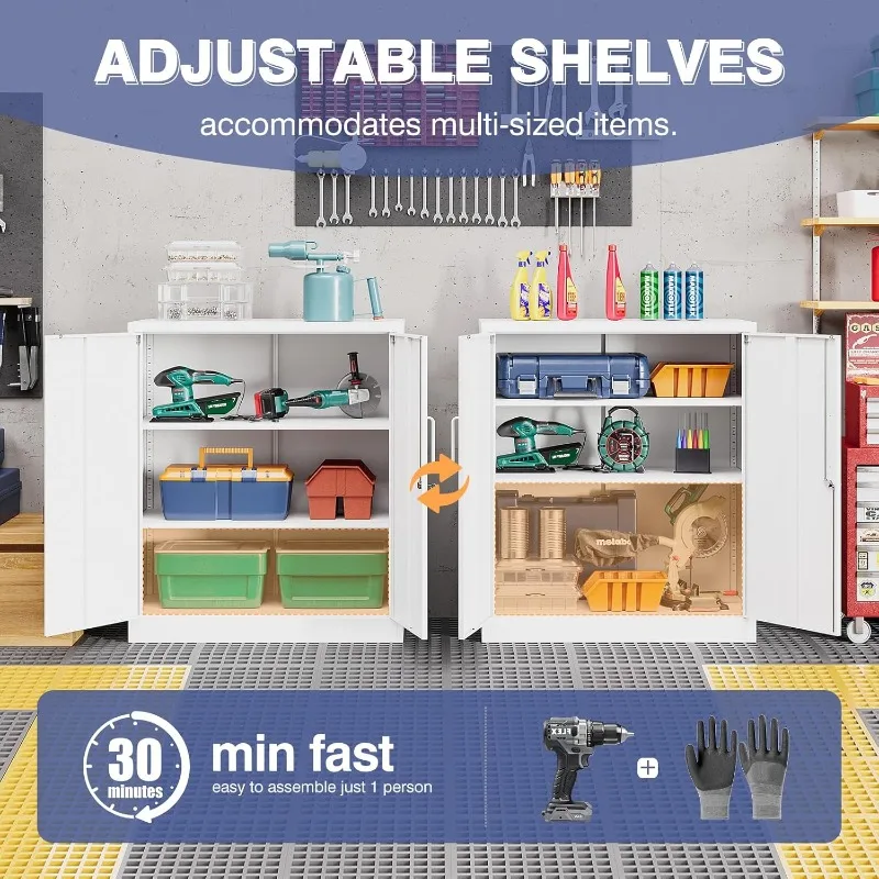 Populair. Metalen kast, afsluitbare opbergkast met 2 deuren en 2 verstelbare planken, gereedschapsopbergkasten voor garage, thuis